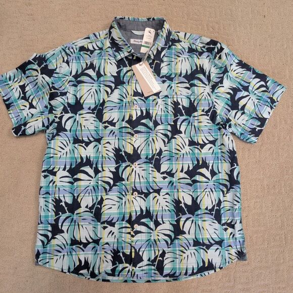 NWT Tommy Bahama Shirt Mens Large Blue Plaid Over Paradise Short Sleeve Cotton - Picture 1 of 9